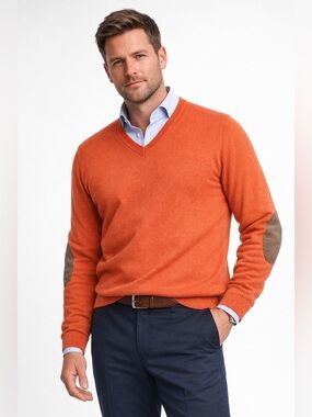 Hackett London Cotton Cashmere V-Neck Sweater Orange XXXL Suede Elbow Patch